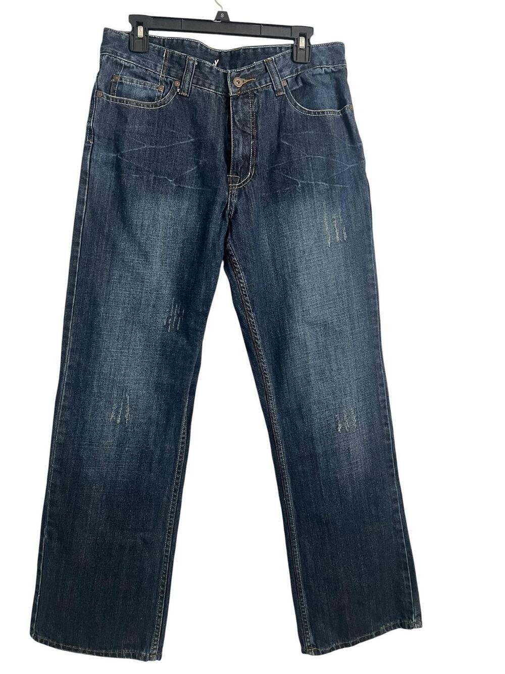 Flypaper Jeans Mens 31x32 Blue Medium Wash Straight Distressed Embroidered